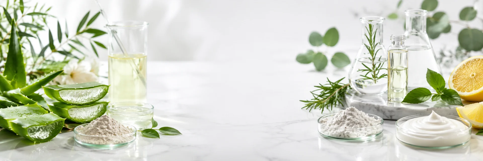 Fresh aloe vera, powdered clay, lemon slices, essential oils, and lab beakers arranged on a white surface, highlighting natural skincare elements.